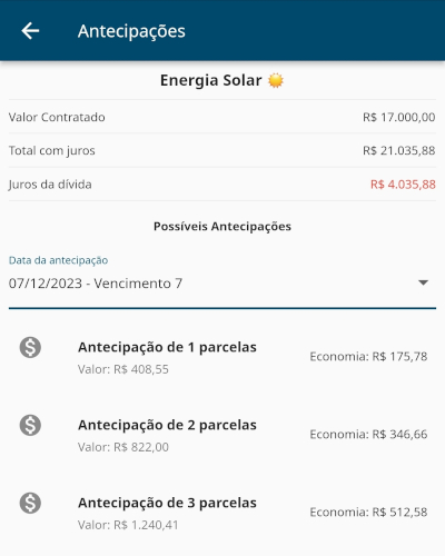 total de juros da dívida e lista de possíveis antecipações